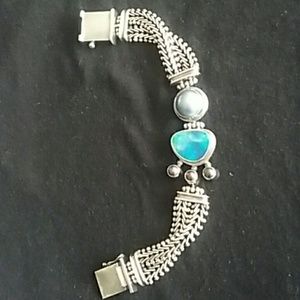 Silver, blue pearl, black pearl, opal bracelet